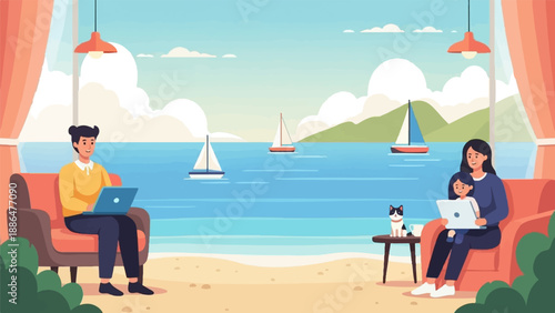 Family working remotely by the sea with sailboats in the distance
