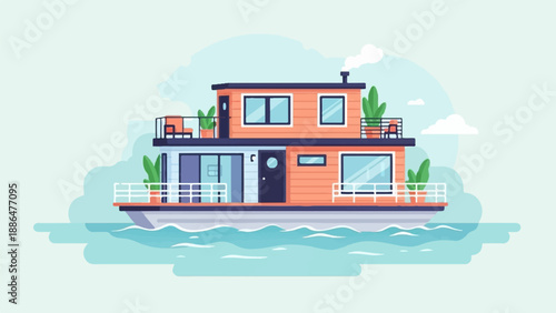 Modern houseboat with two levels and balconies, on calm water