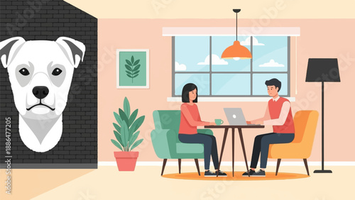 Modern interior with people working, plants and a dog portrait