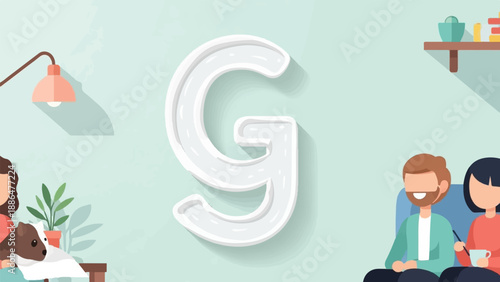 Modern living room scene with a giant letter G, people, a pet, and decor