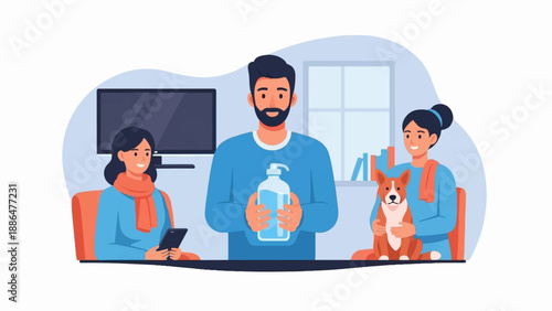 Family with dog, holding hand sanitizer at home with television