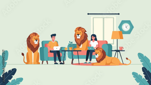 People and lions working together in a modern living room