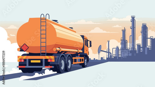Orange tanker truck drives towards industrial refinery under cloudy sky