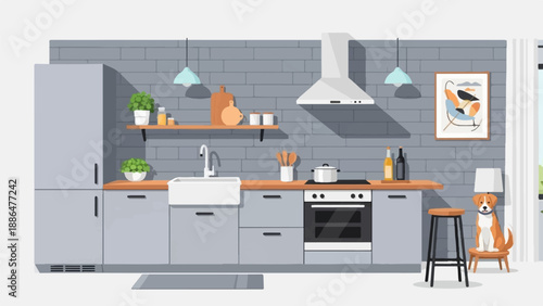 Modern kitchen with dog sitting on stool