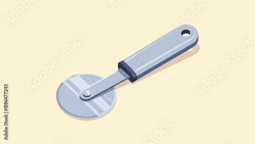 Minimalist illustration of a silver pizza cutter on a pale yellow background