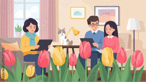 Family with dog enjoys learning together indoors amidst blooming tulips and home comfort