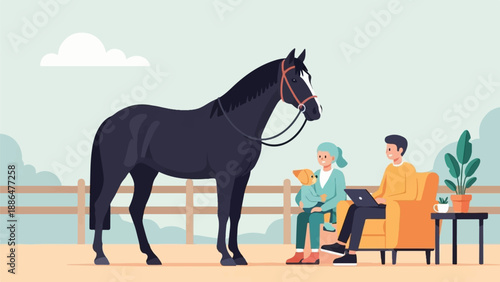 Family with dog, horse, and laptop outdoors by a fence