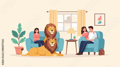 People and lions relaxing indoors, working on laptops