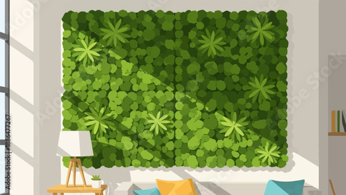 Modern living room with a large green wall and bright sunlight streaming in