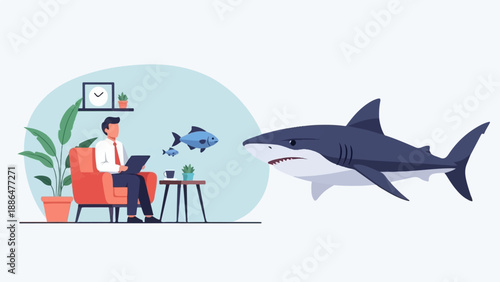 Man in armchair with tablet confronts large shark and fish
