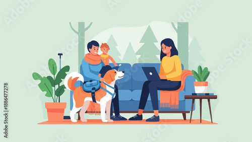 Family with dog and laptop on couch in front of trees