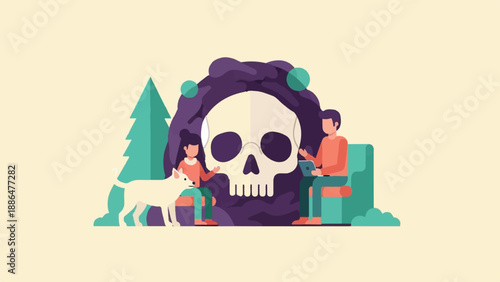 Family with dog and laptop near giant skull in forest