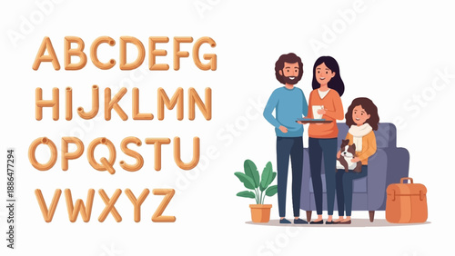 Family with dog and luggage near alphabet letters