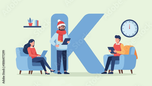 Minimalist illustration of three people interacting around a giant letter K