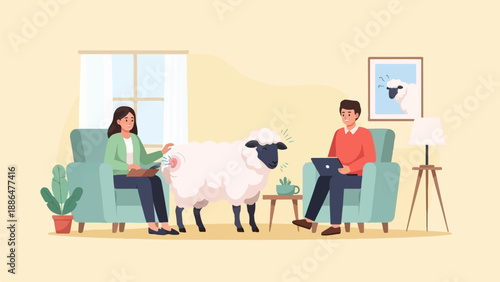 Man and woman in living room with sheep, one petting it