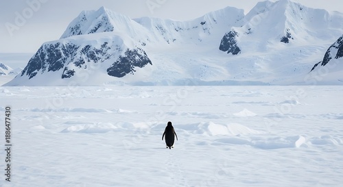Lonely penguin standing on an icy landscape with snowy mountains