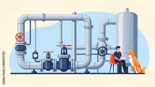 Man and dog sit near industrial pipes and a large storage tank