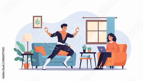 Male superhero with glowing hands near couch, woman with laptop on chair