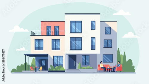 Modern multi-story building with people relaxing outdoors