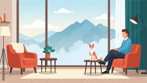 Man and dog enjoy peaceful view of mountains from cozy living room