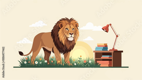 Majestic lion stands in a field of flowers next to a desk with books