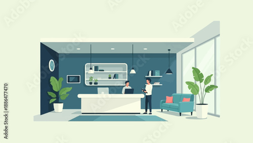 Modern office reception with two employees, plants, and seating