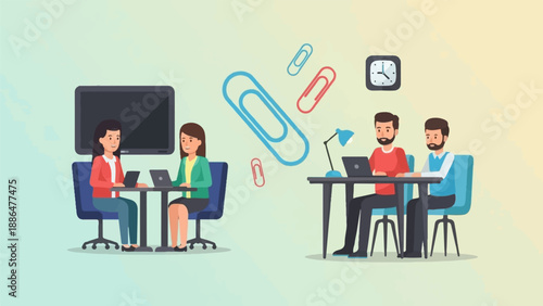 Modern office scene with employees working on laptops and large screen