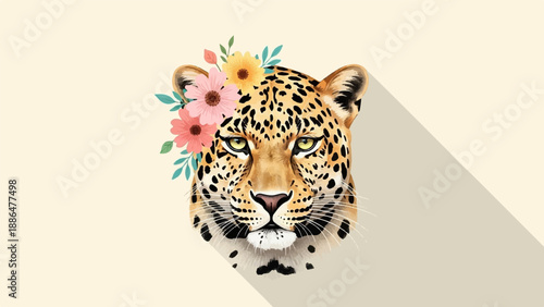 Majestic leopard adorned with delicate floral arrangement, casting a long shadow