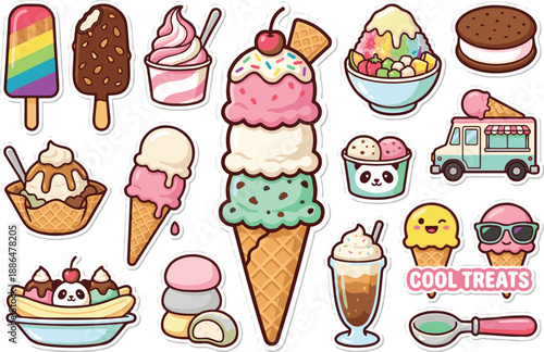 Summer Ice Cream Vector Sticker Set. Waffle cone, popsicle, sundae, and soft serve dessert collection