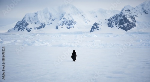 Lonely penguin walking on icy landscape with snow-capped mountains