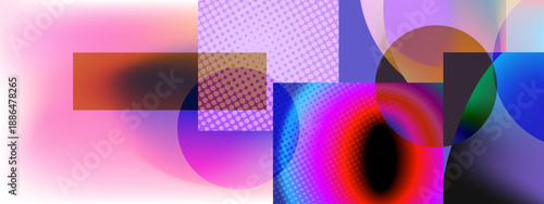 Artistic composition of translucent circles and halftone patterns with vibrant neon color transitions