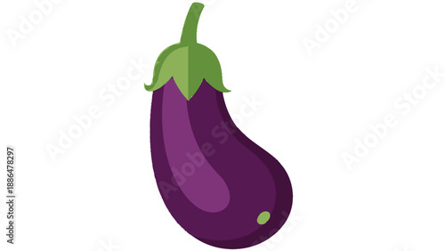 A single purple eggplant with a green stem and leaves.