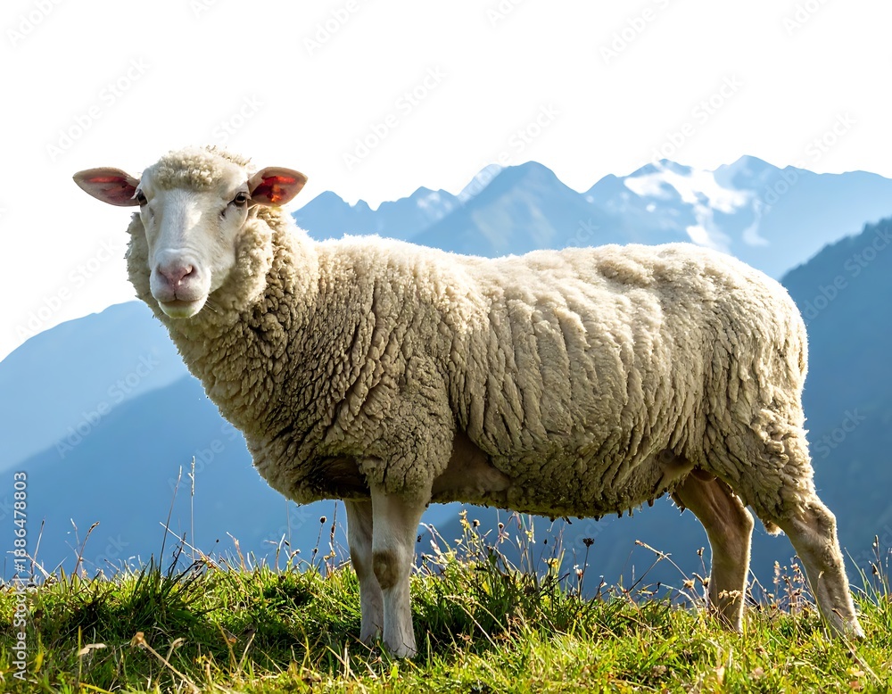 Obraz premium A fluffy sheep stands on a grassy hill with mountains in the background, against a bright white sky