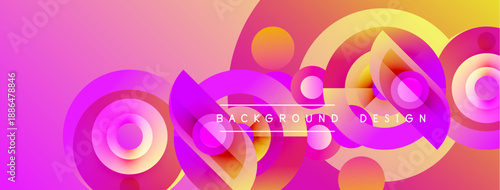 Vibrant abstract background features overlapping circles, gradients. Pink, purple, orange hues create dynamic visual effect. Text reads background design.