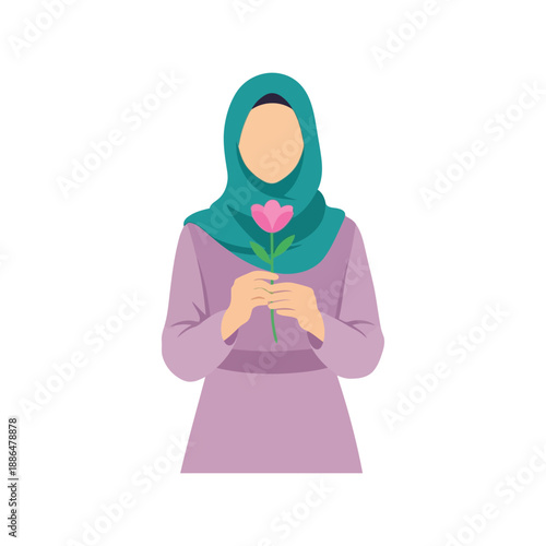 Women's Day vector clipart with hijab woman holding flower, flat illustration for celebration