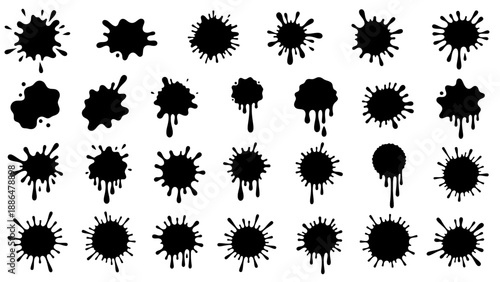 Set of Black Ink Splatter Vector Isolated Shapes.