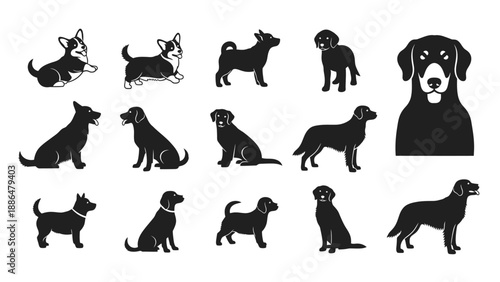 Various black silhouette illustrations of dogs in different poses.