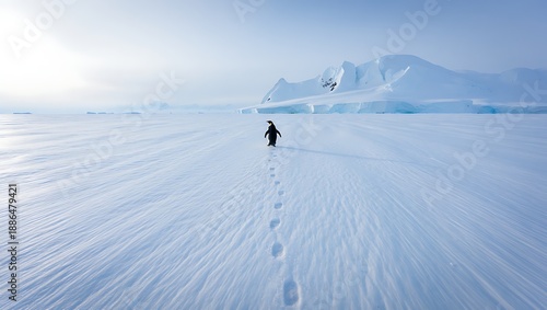 Lonely penguin walking on icy landscape with snow-capped mountains