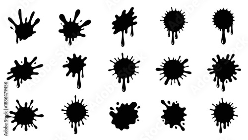 Set of black ink splatter stains isolated.