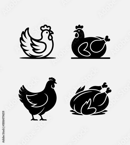 Chicken icons set in vector style isolated on white background, farm poultry symbols for food, restaurant, butcher shop, agriculture, and packaging design