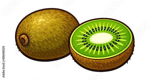 Cartoon fruit set featuring a whole and a sliced kiwi for healthy eating