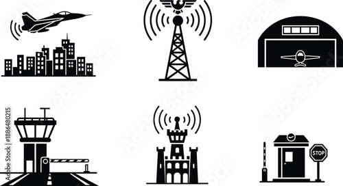 Airport control tower and aviation security icon set with radar airplane hangar checkpoint and communication tower black vector