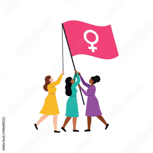 Women's Day vector clipart with diverse women holding feminist flag, empowerment illustration
