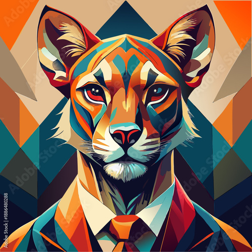 Create a fine art flat painting featuring a majestic animal portrait as the central subject