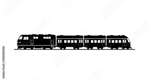 Black silhouette of a modern passenger train on white background.