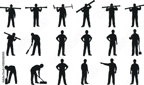 Construction worker silhouette set showing carrying tools standing poses digging sweeping and pointing actions black vector illustration