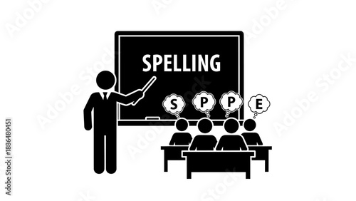 Teacher instructing students on spelling in a classroom setting.
