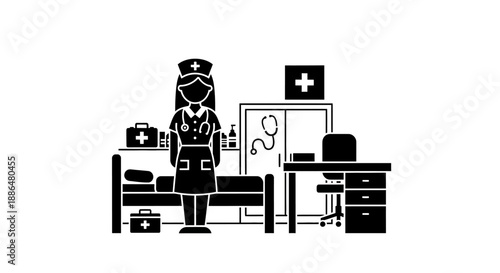 Nurse standing in a hospital room with medical equipment.