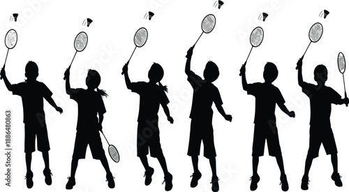 Silhouette children playing badminton, sports activity, dynamic motion, black vector, shuttlecock action, physical exercise, teamwork, coordination, outdoor fun, fitness
