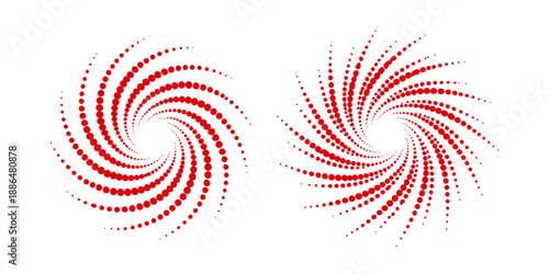 Abstract dotted spiral shapes set featuring two dynamic swirling patterns of red dots for modern design projects